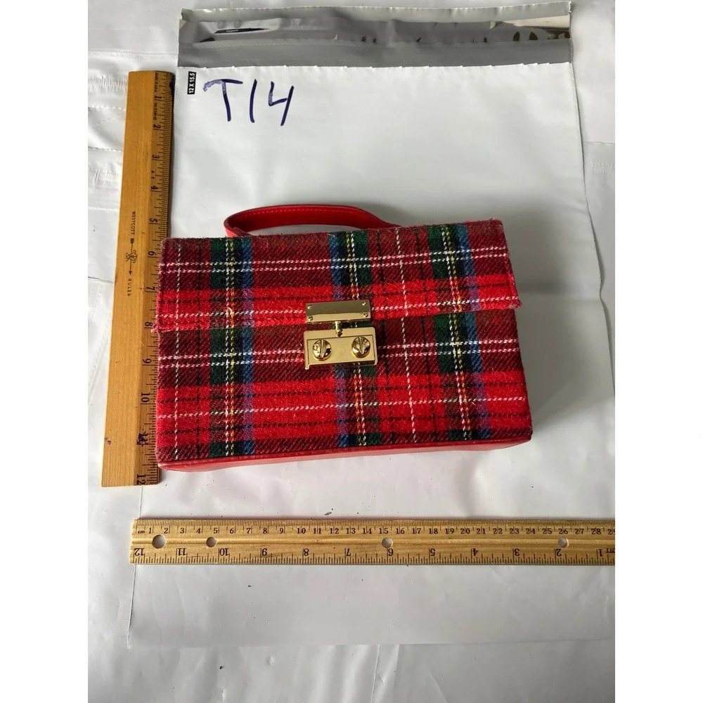 Vintage Red Plaid Wool Clutch Purse With Red Faux Leather Trim‎